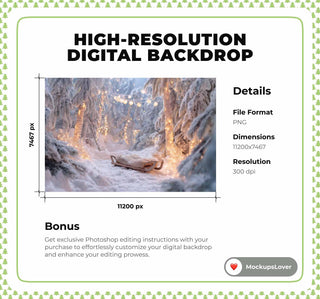 Christmas Snowy Forest Digital Backdrop, Wooden Sleigh Photo Background, Holiday Kids Prop, Winter Wonderland, Photoshop & Canva Template