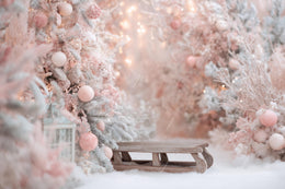 Pink Christmas Studio Digital Backdrop, Woodland Baby Photo Background, Wooden Sleigh, Holiday Kids Prop, Winter Wonderland, Canva Template
