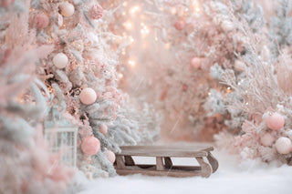 Pink Christmas Studio Digital Backdrop, Woodland Baby Photo Background, Wooden Sleigh, Holiday Kids Prop, Winter Wonderland, Canva Template