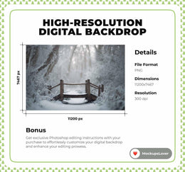 Winter Snowy Forest Bridge Digital Backdrop, Nature Photography Background, Holiday Kids Prop, Photoshop & Canva Template, Photo Editing