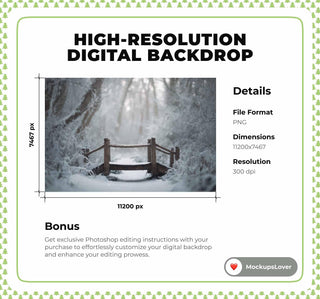 Winter Snowy Forest Bridge Digital Backdrop, Nature Photography Background, Holiday Kids Prop, Photoshop & Canva Template, Photo Editing