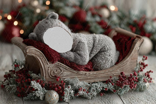 Christmas Baby Face Swap Overlay, Teddy Bear, Wooden Santa Sleigh, Studio Digital Backdrop, Holiday Photo Background, Newborn Portrait Prop