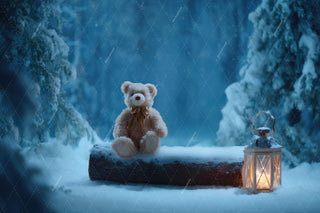 Winter Forest Digital Backdrop, Christmas Animals Photo Background, Teddy Bear, Lantern, Log, Holiday Kids Prop, Photoshop & Canva Template