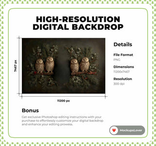 Christmas Woodland Animals Newborn Digital Backdrop, Wise Owls Photo Background, Holiday Studio Baby Prop, Photoshop & Canva Template