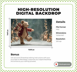 Christmas Teddy Bear Digital Backdrop, Winter Wonderland Photo Background, Holiday Kids Prop, Photoshop & Canva Template, Photo Editing