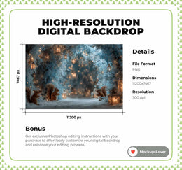 Winter Wonderland Digital Backdrop, Christmas Forest Animals Photo Background, Squirrel, Holiday Kids Prop, Photoshop & Canva Template