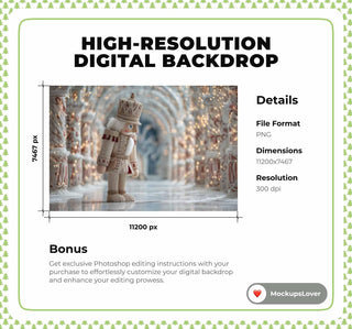 Giant Christmas Nutcracker Digital Backdrop, Winter Wonderland Photo Background, Holiday Kids Prop, Photoshop/Canva Template, Photo Editing