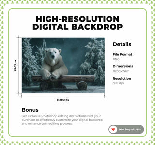 Forest Polar Bear Digital Backdrop, North Pole Photo Background, Christmas Holiday Kids Prop, Winter Wonderland, Photoshop & Canva Template