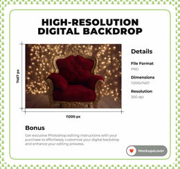 Newborn Digital Backdrop, Golden Christmas Studio Photo Background, Red Armchair, Holiday Baby Prop, Photoshop & Canva Template