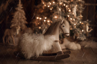 Cozy Wooden Christmas Baby Digital Backdrop, Rocking Horse Photo Background, Holiday Newborn Prop, Photoshop & Canva Template, Photo Editing