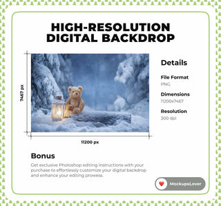 Winter Fantasy Forest Digital Backdrop, Teddy Bear, Christmas Photo Background, Log, Lantern, Holiday Kids Prop, Photoshop & Canva Template