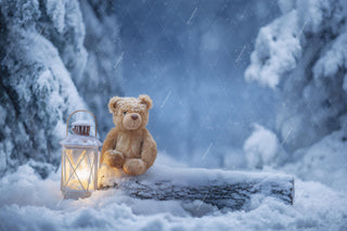 Winter Fantasy Forest Digital Backdrop, Teddy Bear, Christmas Photo Background, Log, Lantern, Holiday Kids Prop, Photoshop & Canva Template