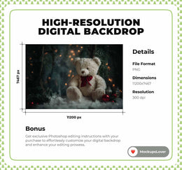 Christmas Teddy Bear Digital Backdrop, Fantasy Forest Photo Background, Winter Wonderland, Holiday Kids Prop, Photoshop & Canva Template