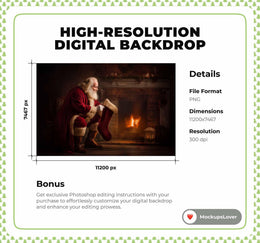 Cozy Christmas Digital Backdrop, Santa Claus Photo Background, Fireplace, Holiday Kids Prop, Photoshop & Canva Template, Photo Editing