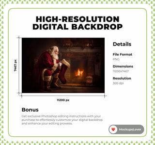 Cozy Christmas Digital Backdrop, Santa Claus Photo Background, Fireplace, Holiday Kids Prop, Photoshop & Canva Template, Photo Editing