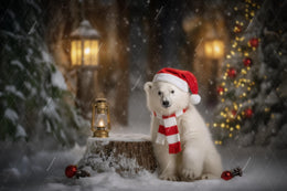 Christmas Digital Backdrop, Polar Bear Photo Background, Holiday Prop, Stump, Lantern, Christmas Village, Winter Wonderland, Canva Template