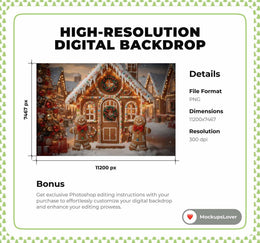 Gingerbread House Digital Backdrop, Christmas Photo Background, Holiday Kids Prop, Winter Wonderland, Christmas Cookies, Photoshop Template