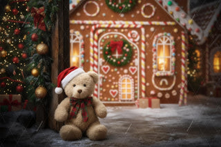 Christmas Digital Backdrop, Teddy Bear, Gingerbread House, Winter Wonderland Photo Background, Holiday Kids Prop, Photoshop & Canva Template
