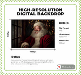 Santa Claus Digital Backdrop, Christmas Portrait Photo Background, Holiday Kids Prop, Cozy Wooden Studio, Photoshop & Canva Template