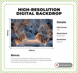 Winter Fantasy Forest Bridge Digital Backdrop, Christmas Lights, Holiday Photo Background, Winter Wonderland Kids Prop, Canva Template