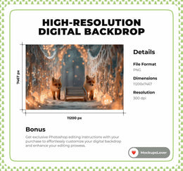 Winter Forest Bridge Digital Backdrop, Woodland Animals Photo Background, Red Fox, Wooden Sleigh, Christmas Holiday Prop, Photoshop Template