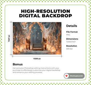 Winter Forest Bridge Digital Backdrop, Woodland Animals Photo Background, Red Fox, Wooden Sleigh, Christmas Holiday Prop, Photoshop Template
