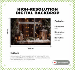 Cozy Wooden Christmas Window Digital Backdrop, Lanterns, Rustic Photo Background, Holiday Kids Prop, Winter Wonderland, Photoshop Template
