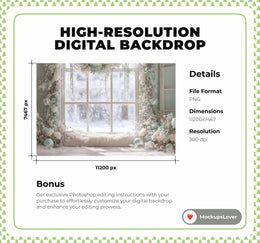 Christmas Window Studio Digital Backdrop, Winter Wonderland Photo Background, Holiday Kids Prop, Photoshop & Canva Template, Photo Editing