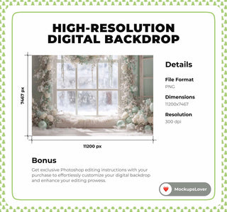 Christmas Window Studio Digital Backdrop, Winter Wonderland Photo Background, Holiday Kids Prop, Photoshop & Canva Template, Photo Editing