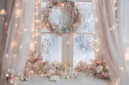 Pink Christmas Window Digital Backdrop, Floral Photo Background, Holiday Studio Kids Prop, Photoshop & Canva Template, Photo Editing