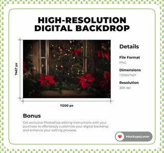 Cozy Wooden Christmas Window Digital Backdrop, Floral Photo Background, Red Flowers, Holiday Kids Prop, Photoshop & Canva Template