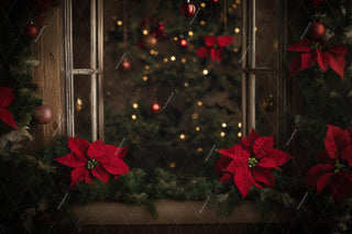 Cozy Wooden Christmas Window Digital Backdrop, Floral Photo Background, Red Flowers, Holiday Kids Prop, Photoshop & Canva Template