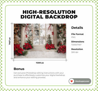 White Christmas Window Digital Backdrop, Floral Photo Background, Winter Wonderland, Holiday Kids Prop, Photoshop & Canva Template