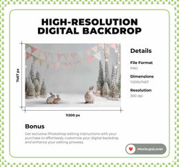 Cute Christmas Digital Backdrop, Studio Photo Background, Woodland Animals, Bunnies, Holiday Kids Prop, Photoshop & Canva Template