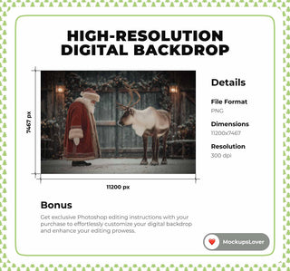 Christmas Farm Digital Backdrop, Santa Claus, Reindeer, Winter Wonderland Photo Background, Holiday Kids Prop, Photoshop & Canva Template