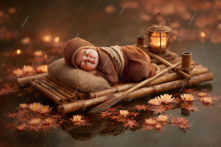 scene of a newborn with a wooden boat in autumn backdrop, ideal for photo editing and baby photography