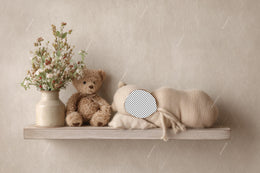Newborn Face Swap Overlay, Teddy Bear On Wooden Shelf Digital Backdrop, Studio Photo Background, Baby Boy Girl Prop, Photoshop Template