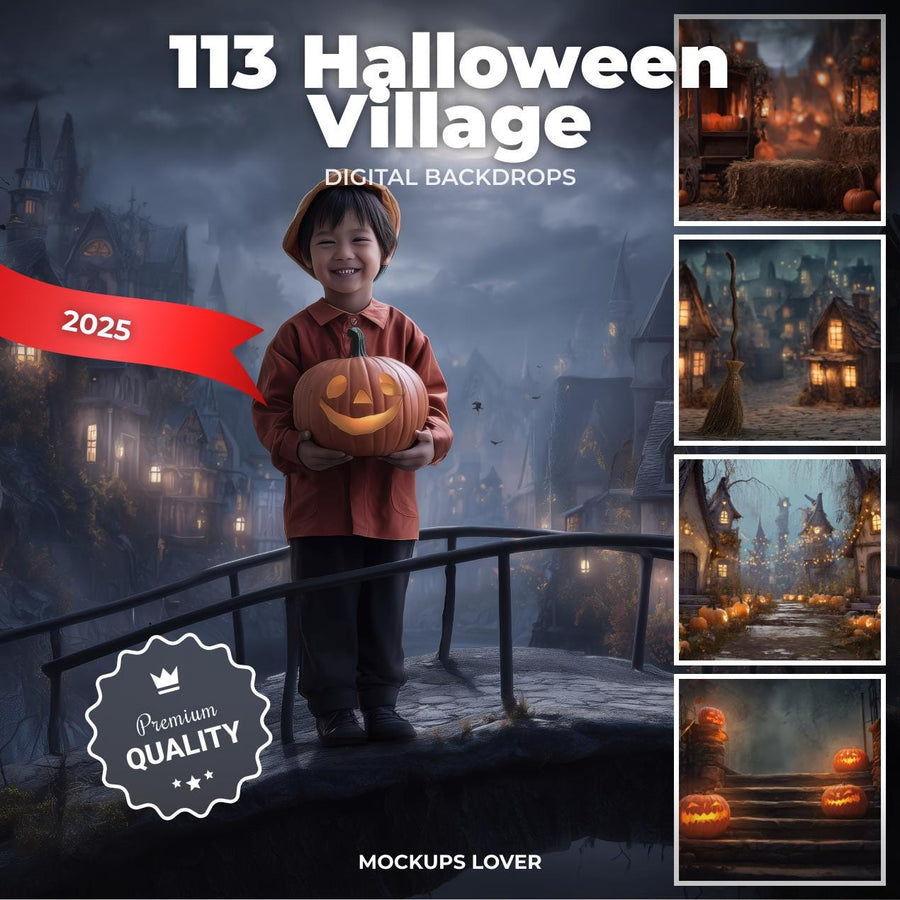 scene of haunted houses with pumpkins and lanterns, suitable as a backdrop for halloween-themed photography