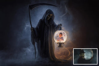 Halloween Glass Globe Digital Backdrop Bundle, Horror Kids Photo Background, Skeletons, Witch, Clowns, Dracula, Photoshop & Canva Template