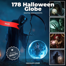 scene of a halloween glass globe with skeletons, witch, clowns, dracula, suitable as a backdrop for festive projects