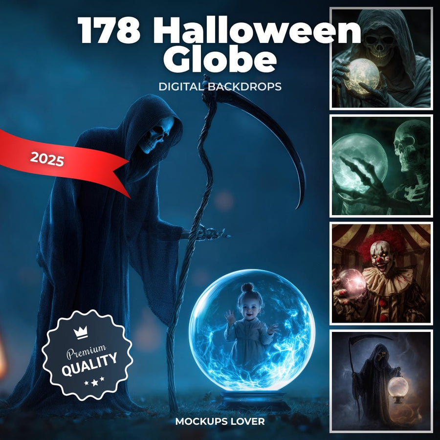 scene of a halloween glass globe with skeletons, witch, clowns, dracula, suitable as a backdrop for festive projects