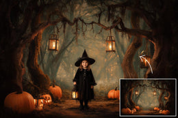 Haunted Fantasy Forest Digital Backdrop Bundle, Halloween Photo Background, Pumpkins, Lanterns, Horror Kids Prop, Photoshop & Canva Template