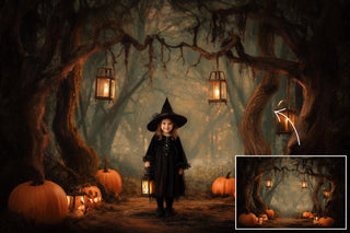 Haunted Fantasy Forest Digital Backdrop Bundle, Halloween Photo Background, Pumpkins, Lanterns, Horror Kids Prop, Photoshop & Canva Template