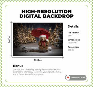 Christmas Teddy Bear Digital Backdrop, Fantasy Forest Photo Background, Holiday Kids Prop, Winter Wonderland, Photoshop & Canva Template
