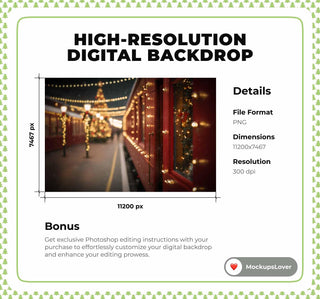 Christmas Train Digital Backdrop, Polar Express Photo Background, Holiday Kids Prop, Winter Wonderland, Photoshop & Canva Template