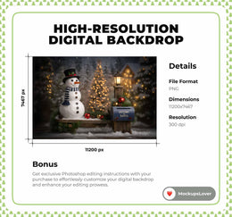 Christmas Snowman Digital Backdrop, Wooden Bench, Mailbox, Winter Wonderland Photo Background, Holiday Kids Prop, Photoshop & Canva Template