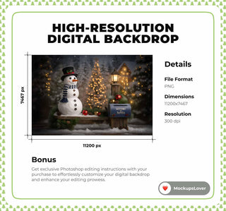 Christmas Snowman Digital Backdrop, Wooden Bench, Mailbox, Winter Wonderland Photo Background, Holiday Kids Prop, Photoshop & Canva Template