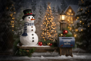 Christmas Snowman Digital Backdrop, Wooden Bench, Mailbox, Winter Wonderland Photo Background, Holiday Kids Prop, Photoshop & Canva Template