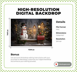 Christmas Digital Backdrop, Snowman, Wooden Bench, Christmas Village Photo Background, Letter To Santa, Red Mailbox, Holiday Kids Prop