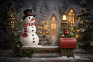 Christmas Digital Backdrop, Snowman, Wooden Bench, Christmas Village Photo Background, Letter To Santa, Red Mailbox, Holiday Kids Prop